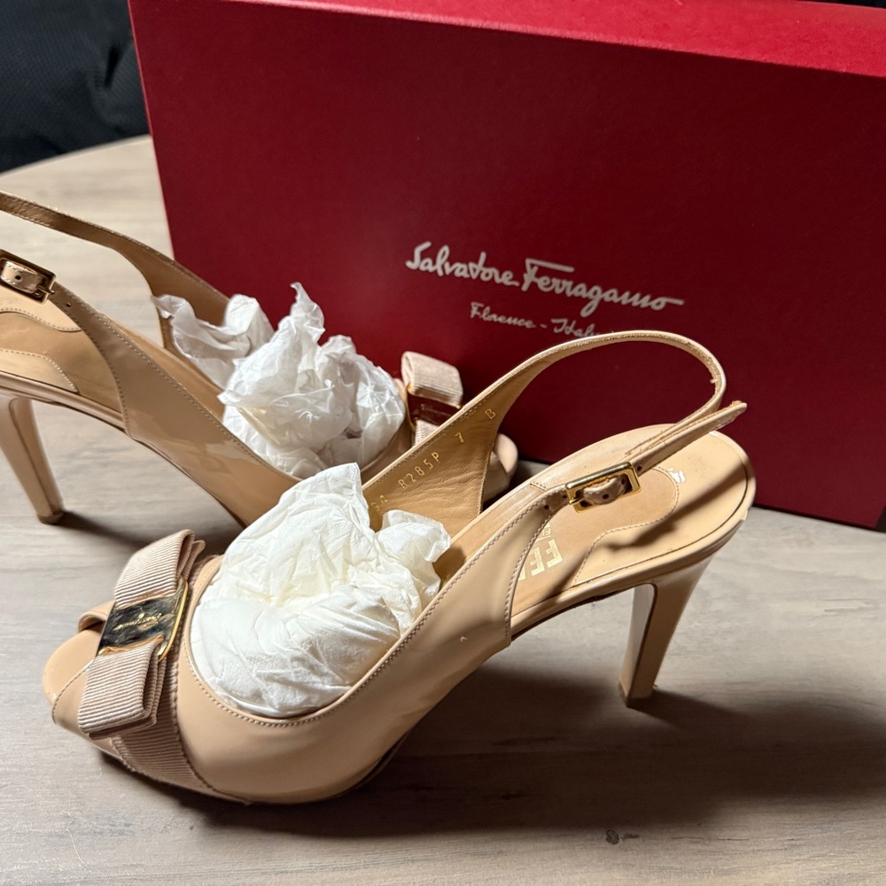 Salvatore Ferragamo Nude Peep-Toe Slingback Heels